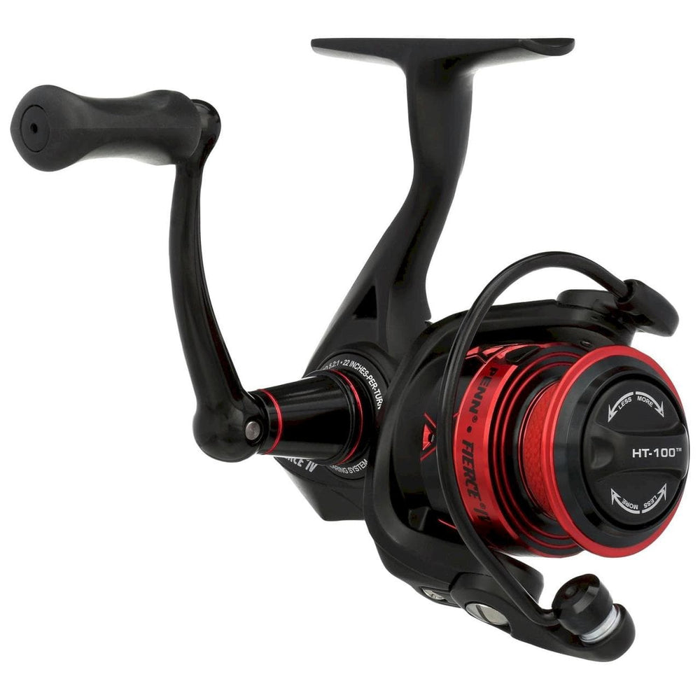 Penn Fierce IV spinning reel, compact black fishing reel with silver accents, featuring line spool and handle for saltwater fishing.