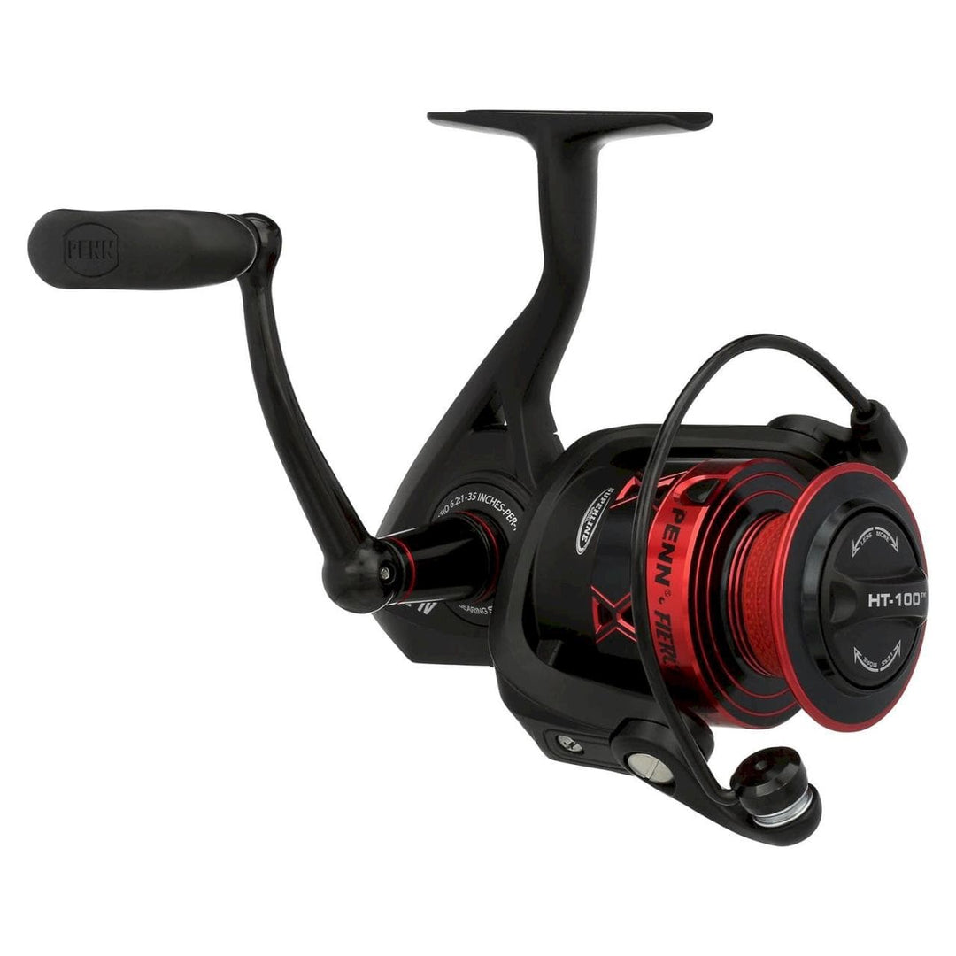 Penn Fierce IV spinning reel with black body and silver accents, featuring line spool and handle for saltwater fishing.