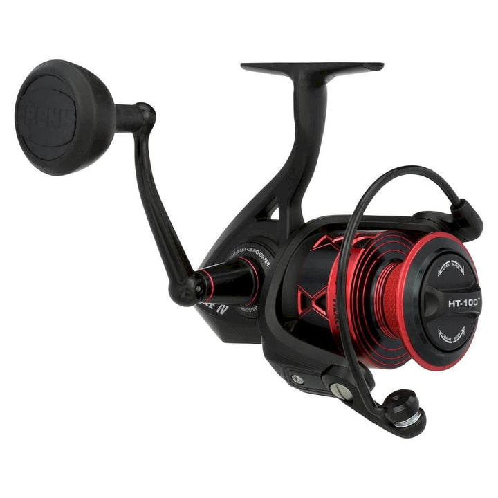 Penn Fierce IV spinning reel for fishing, black and silver design with handle and spool, suitable for saltwater and freshwater fishing.