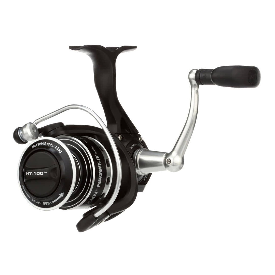 Penn Pursuit IV spinning reel from Fisherman's Headquarters, close-up of the reel's handle and spool showing black and silver design.