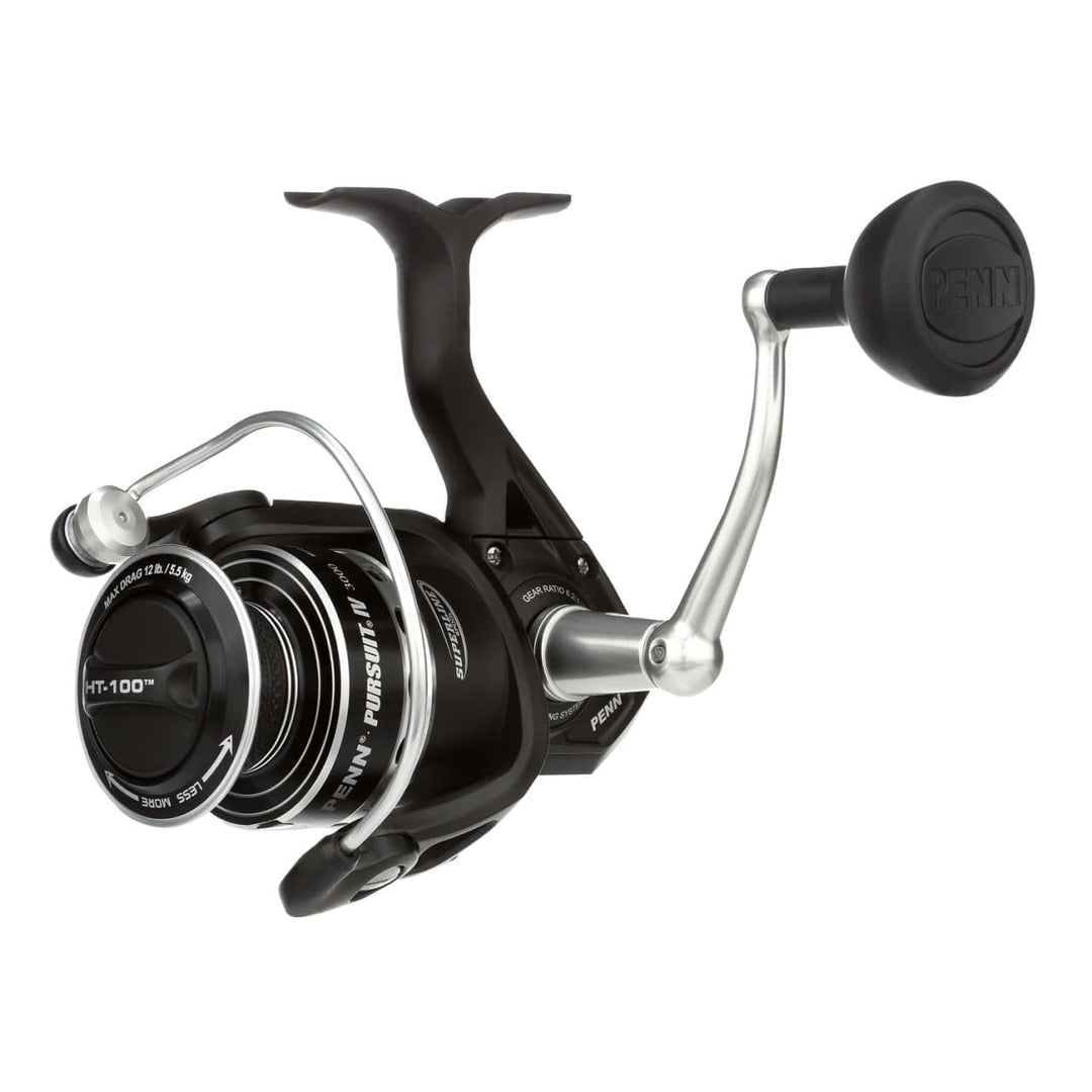 Fisherman's Headquarters Penn Pursuit IV spinning reel mounted on fishing rod, close-up view of reel with spool and handle.