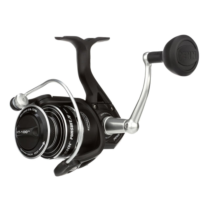 Fisherman's Headquarters Penn Pursuit IV spinning reel mounted on fishing rod, close-up view of reel with spool and handle.