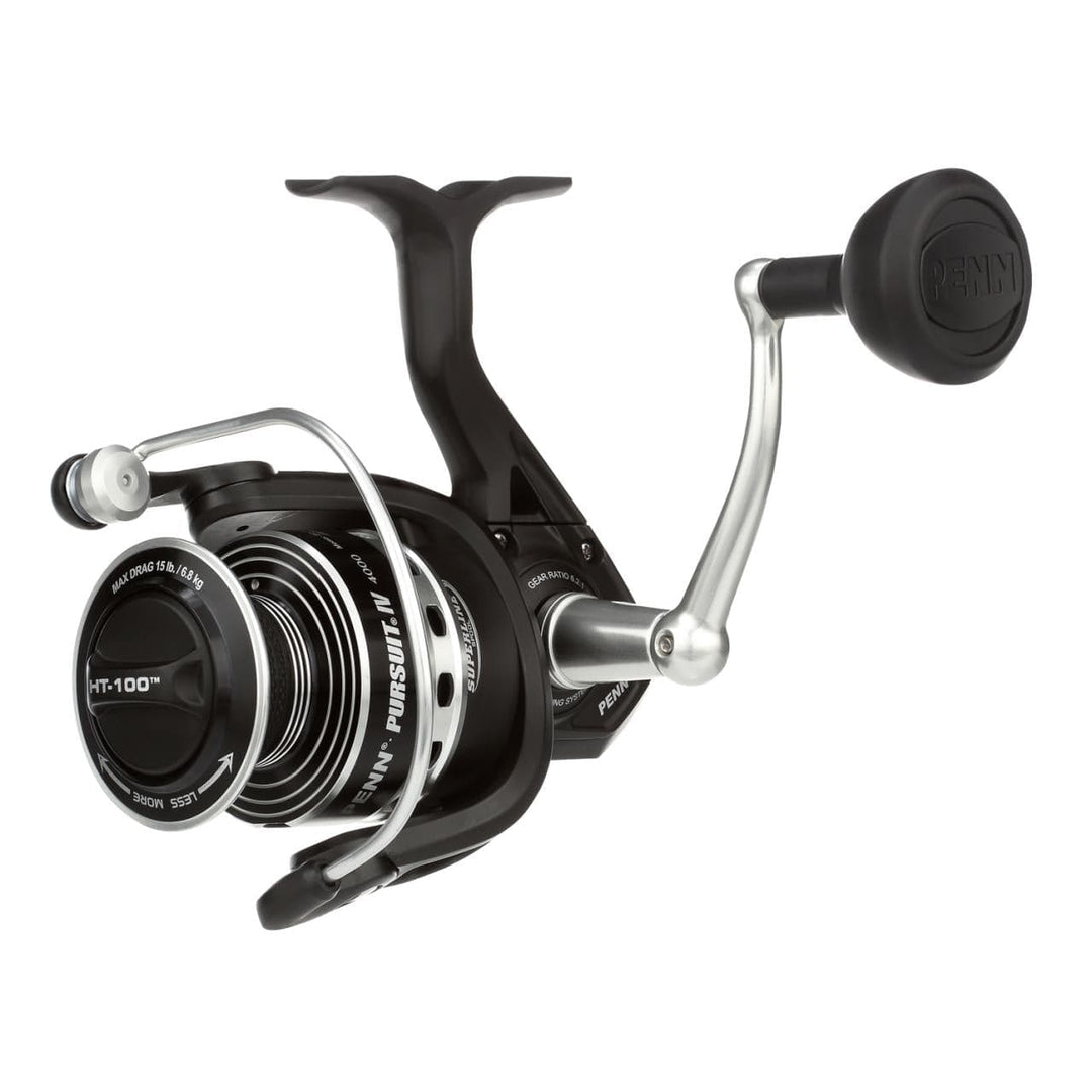 Penn Pursuit IV spinning reel by Fisherman's Headquarters, close-up of the black and silver reel with handle and line spool.