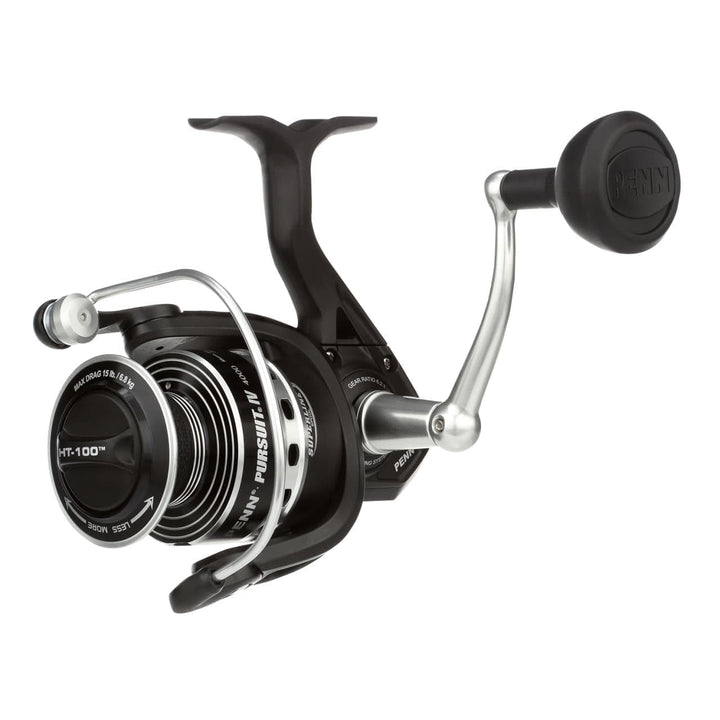 Penn Pursuit IV spinning reel by Fisherman's Headquarters, close-up of the black and silver reel with handle and line spool.