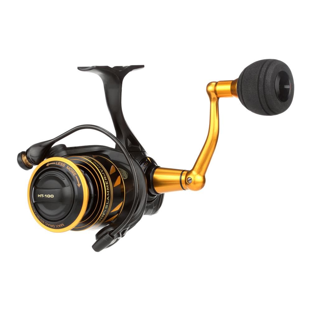Fisherman's Headquarters Penn Slammer IV spinning reel with sturdy metal body and smooth line spool for saltwater fishing.