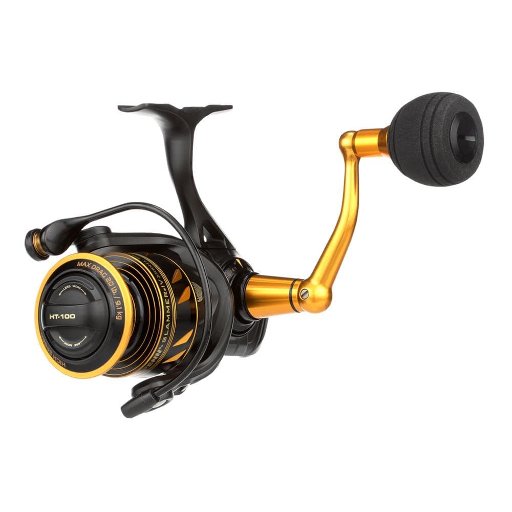 Fisherman's Headquarters Penn Slammer IV spinning reel with stainless steel bail and graphite body for saltwater fishing.