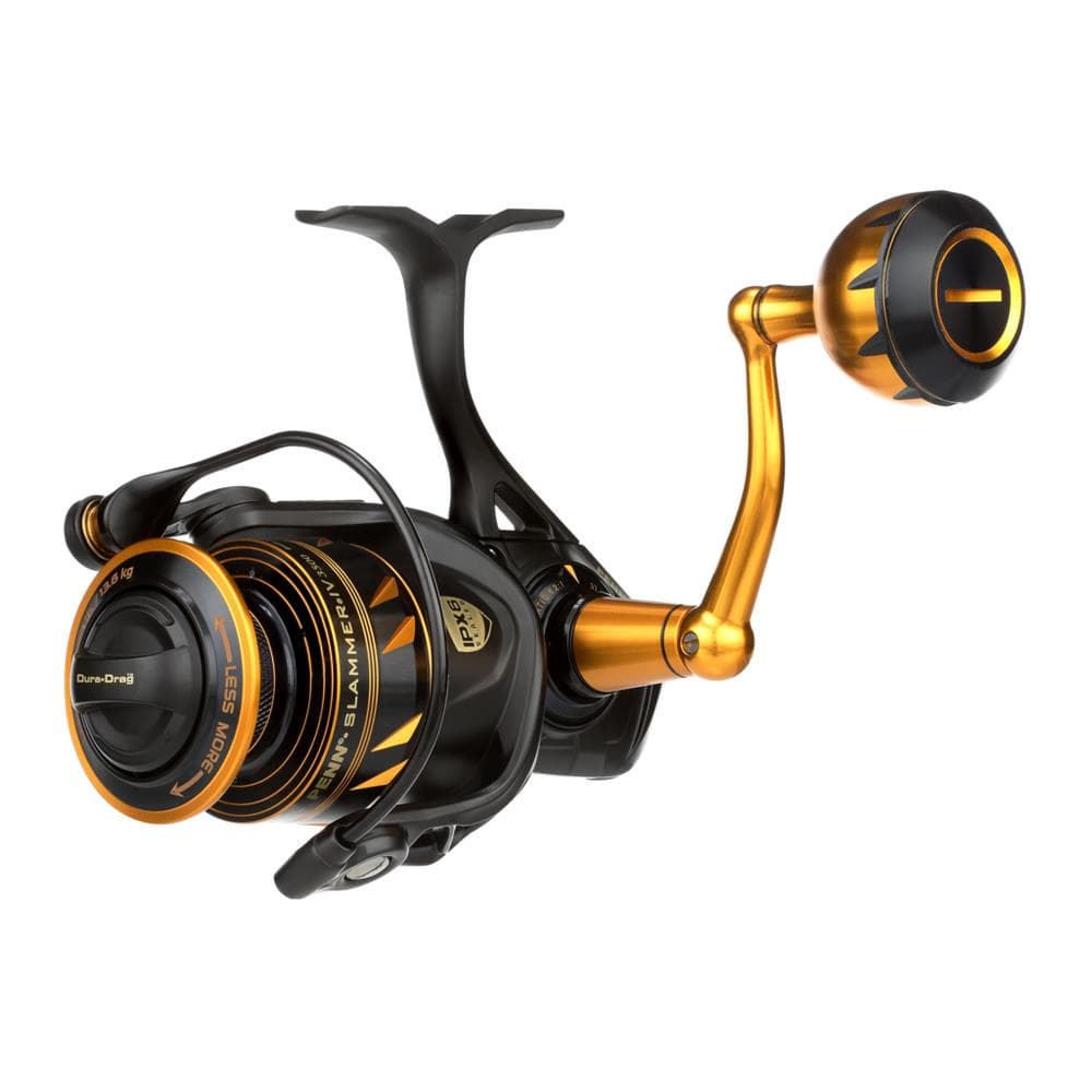 Fisherman's Headquarters Penn Slammer IV spinning reel, black and silver, with spool, handle, and line roller visible.
