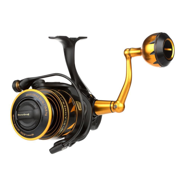 Fisherman's Headquarters Penn Slammer IV spinning reel with black body and silver spool, ready for freshwater or saltwater fishing.