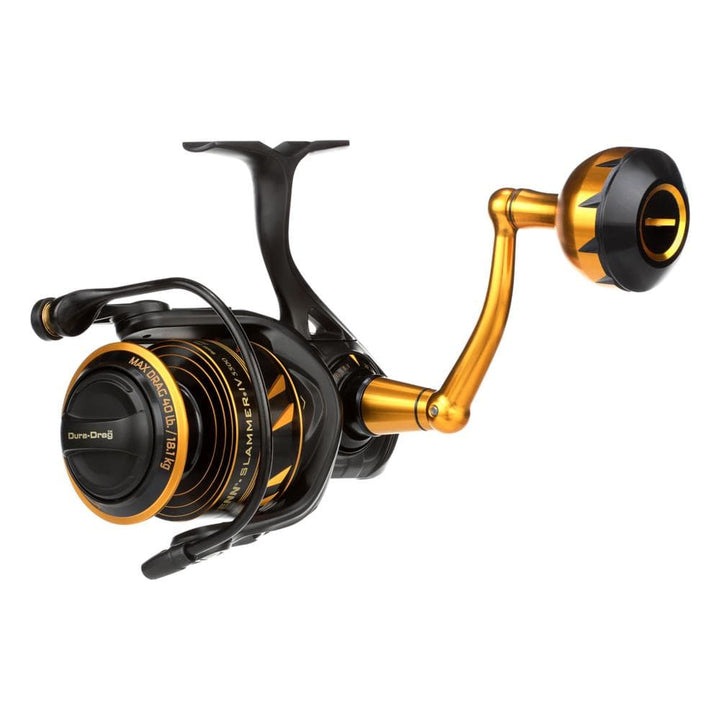 Fisherman's Headquarters Penn Slammer IV spinning reel showing handle, spool, and body in detailed close-up.