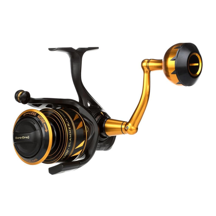 Fisherman's Headquarters Penn Slammer IV spinning reel with metal spool and ergonomic handle, designed for saltwater fishing.