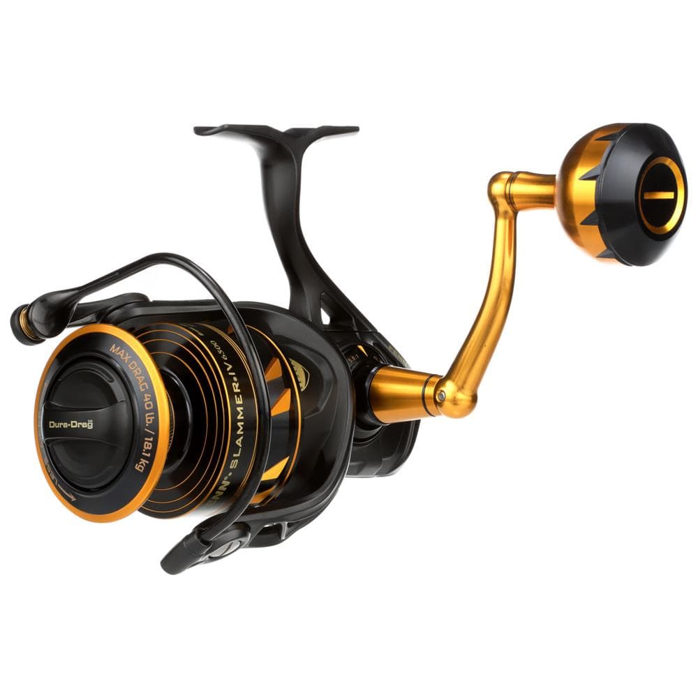 Fisherman's Headquarters Penn Slammer IV spinning reel with metal body and spool, black and silver design, showing handle and line guide.