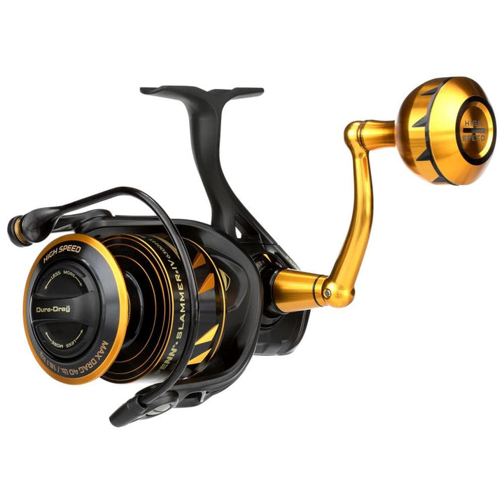 Fisherman's Headquarters Penn Slammer IV spinning reel with black body and silver spool, designed for saltwater fishing.