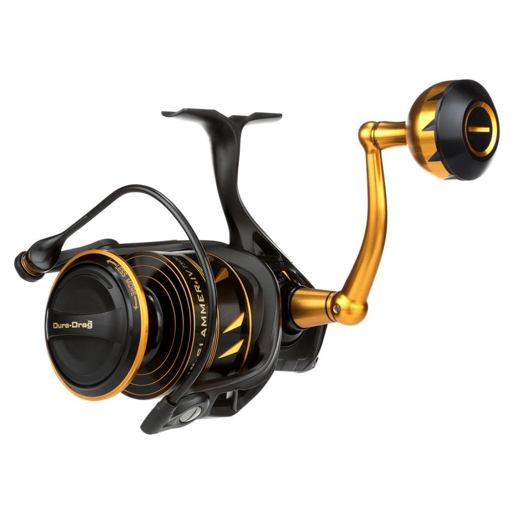 Fisherman's Headquarters Penn Slammer IV spinning reel with black body and silver spool, ready for fishing.