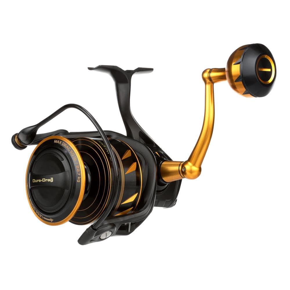 Penn Slammer IV spinning reel from Fisherman's Headquarters, showing the sleek black and silver design with spool and handle.