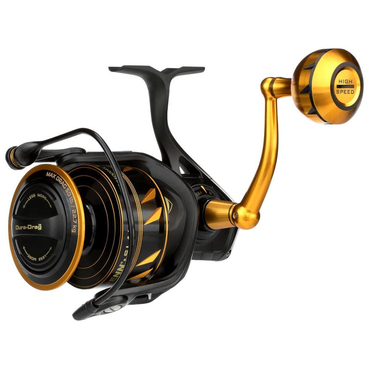 Fisherman's Headquarters Penn Slammer IV spinning reel with metal body and line spool, designed for saltwater fishing.