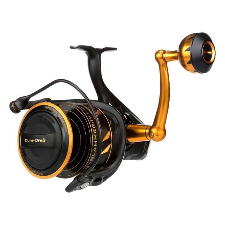 Fisherman's Headquarters Penn Slammer IV spinning reel with handle, spool, and line guide for saltwater fishing.