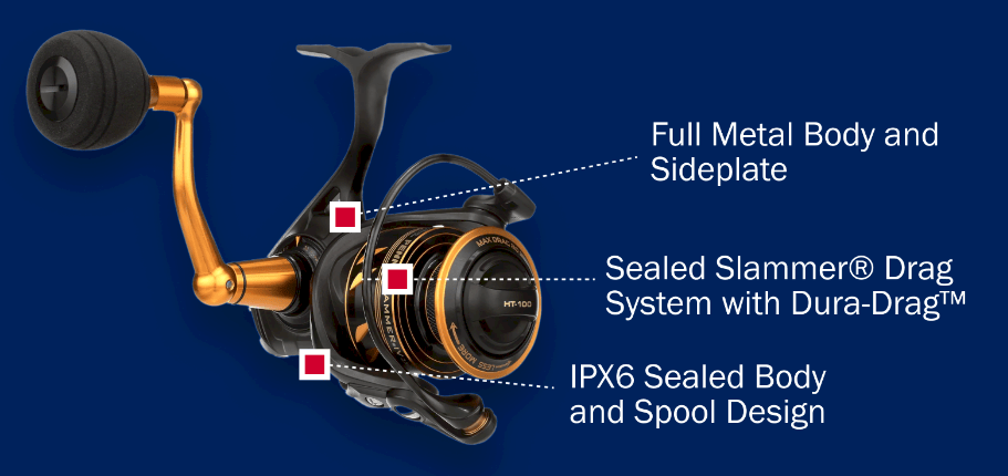 Fisherman's Headquarters Penn Slammer IV spinning reel showcasing its durable construction and advanced fishing features.