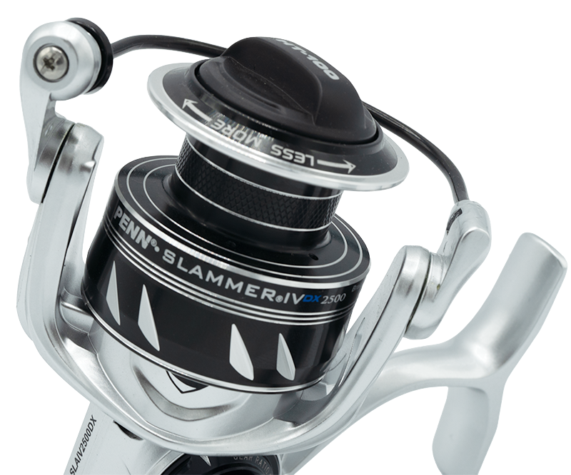 Fisherman's Headquarters Penn Slammer IV DX spinning reel close-up showing reel body and spool for saltwater fishing.