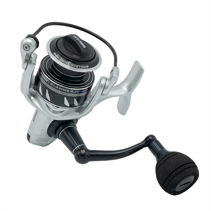 Fisherman's Headquarters Penn Slammer IV DX spinning reel on a fishing rod, showcasing its durable design and metal spool.