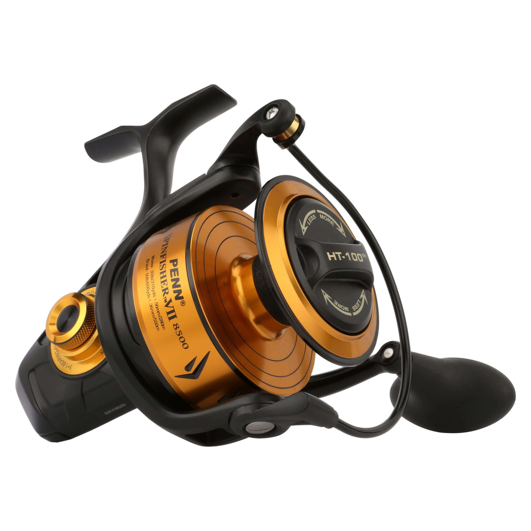 Penn Spinfisher VII spinning reel with black body and silver accents, featuring a sturdy handle and spool for freshwater and saltwater fishing.