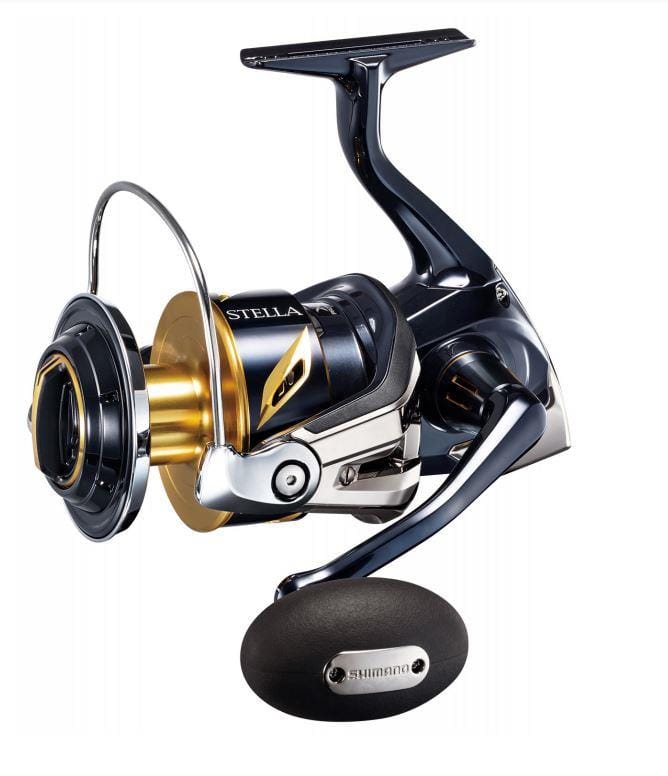 Shimano Stella SWC spinning reel, high-performance fishing reel with sleek design, shown in close-up.