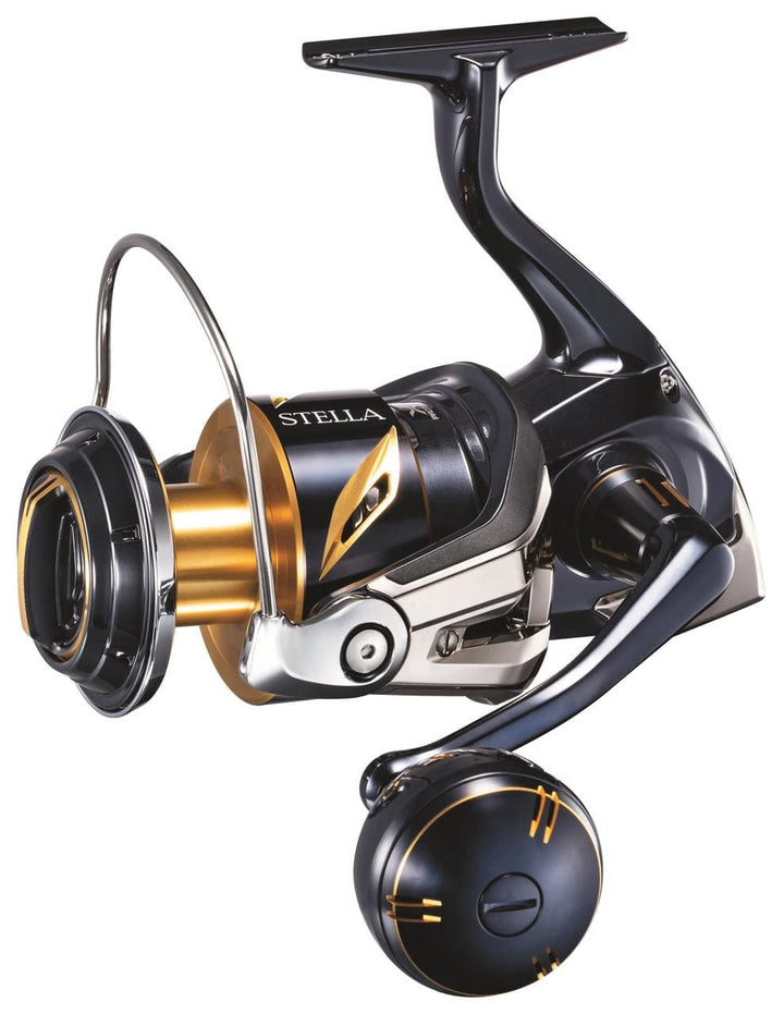 Shimano Stella SWC spinning reel with black and silver design, featuring ergonomic handle and high-performance fishing gear.
