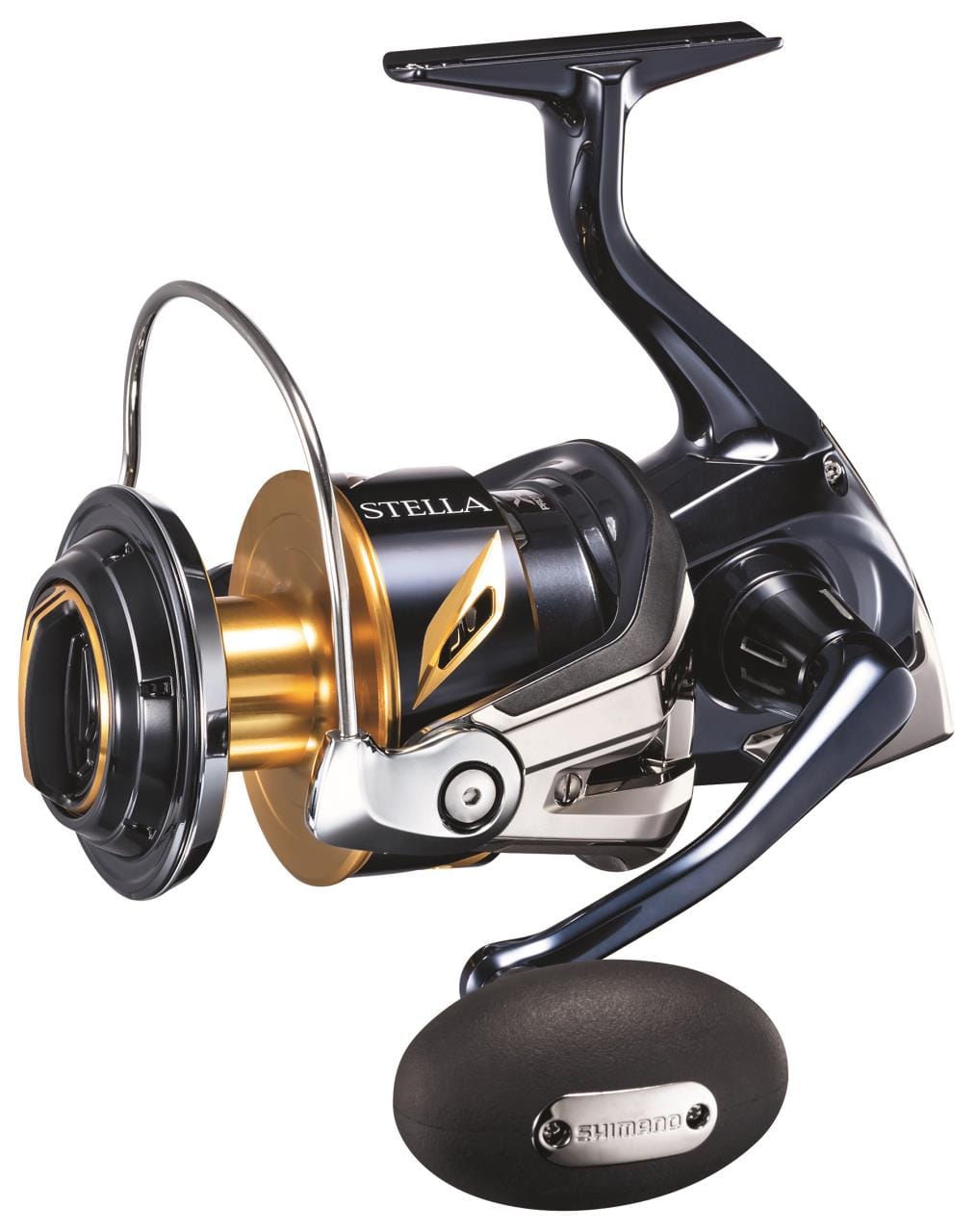 Shimano Stella SWC spinning reel for fishing, featuring a sleek design and durable construction for smooth operation.
