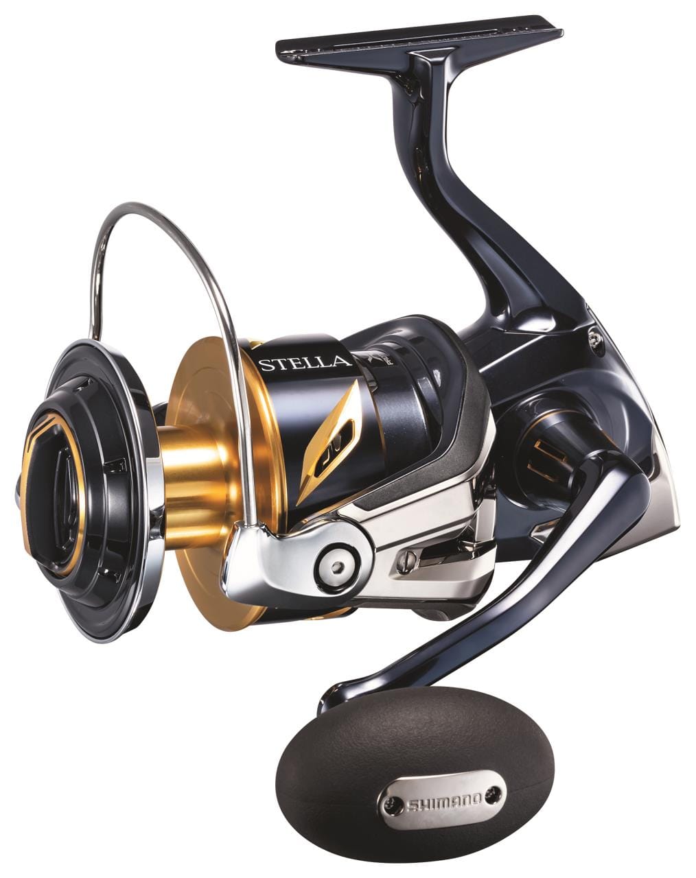 Shimano Stella SWC spinning reel with black body and silver accents, designed for high-performance fishing.