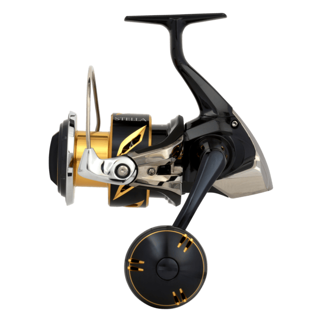 Shimano Stella SWC Spinning Reel with black body and silver accents, designed for saltwater fishing.