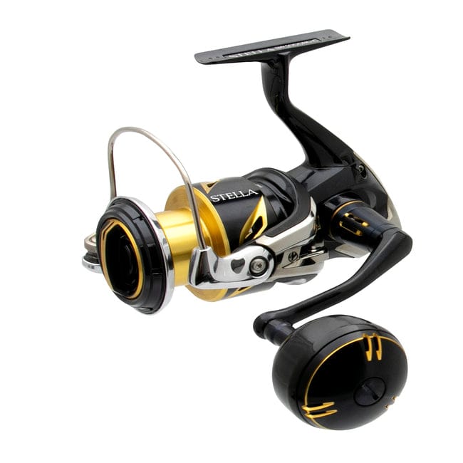 Shimano Stella SWC Spinning Reel by Fisherman's Headquarters, close-up of the high-performance fishing reel with handle and spool.