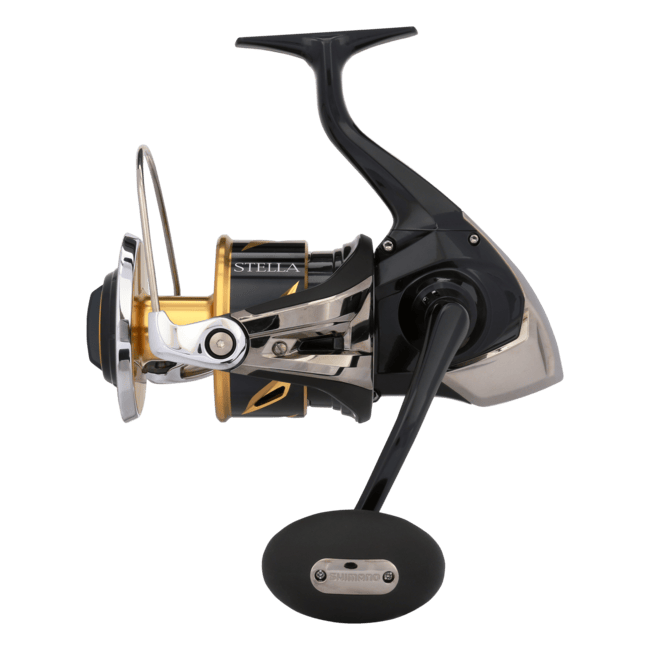 Shimano Stella SWC Spinning Reel with black body and handle, designed for fishing, featuring high-performance components.