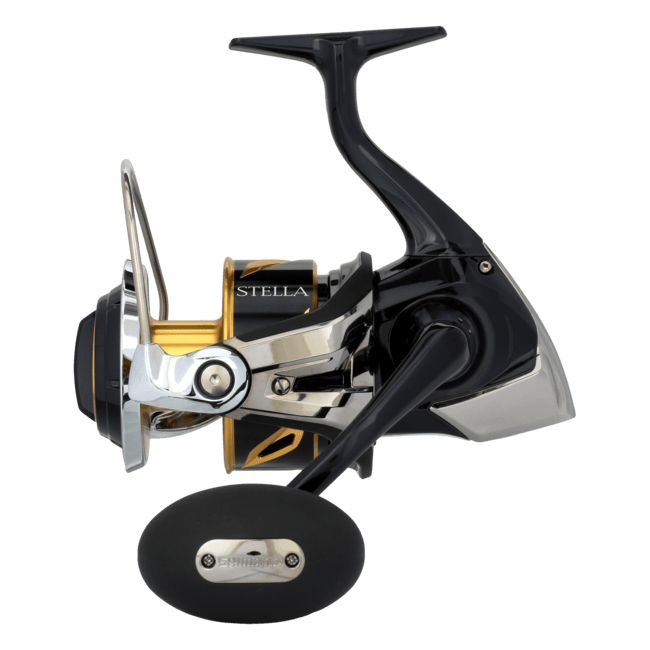 Shimano Stella SWC Spinning Reel for fishing, featuring a sleek design and durable construction, ideal for saltwater fishing.