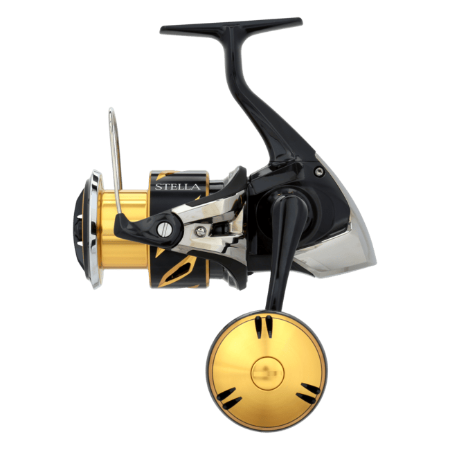 Shimano Stella SWC Spinning Reel with high-performance design, silver finish, and ergonomic handle for smooth fishing.