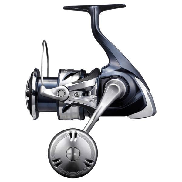 Shimano Twin Power SW spinning reel in black with silver accents, featuring a robust design for saltwater fishing.