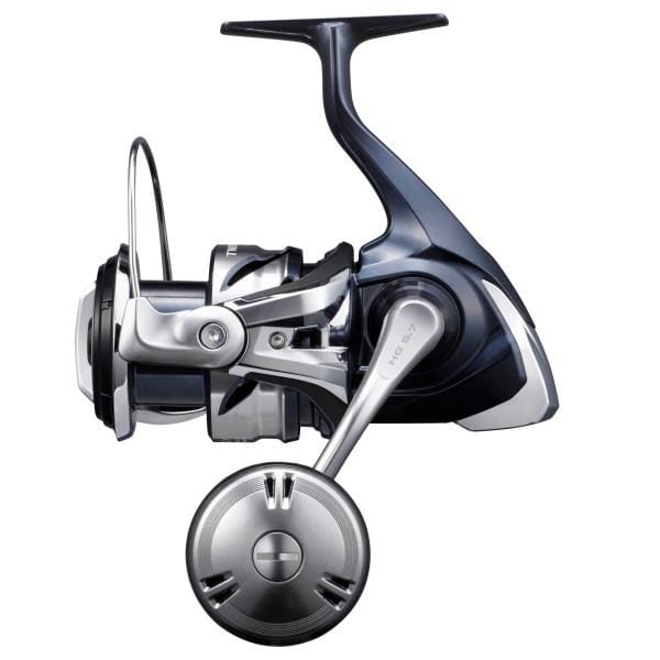 Shimano Twin Power SW spinning reel in black with silver accents, showing the reel's handle and spool in a close-up shot.