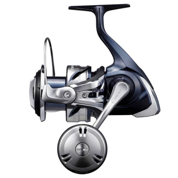 Shimano Twin Power SW spinning reel in black with silver accents, featuring a sturdy handle and line spool for saltwater fishing.