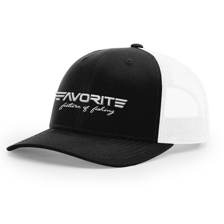 Black Favorite Fishing Franchise hat with curved brim and adjustable strap, featuring the franchise logo on the front.