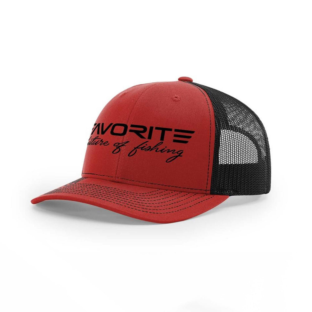 Red Favorite Fishing Franchise Hat with embroidered logo, adjustable strap, and classic baseball cap style.
