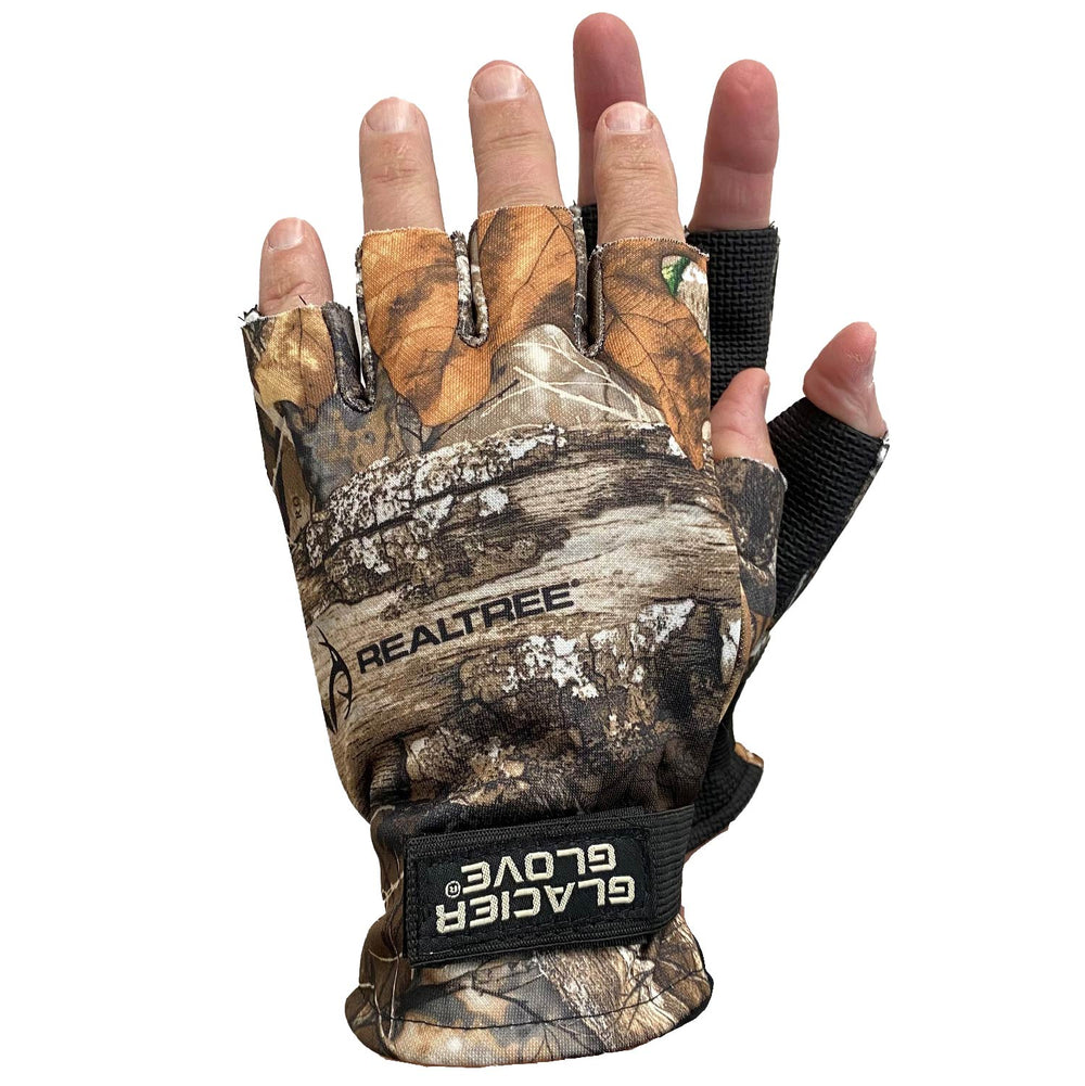 Glacier Outdoor Alaska River™ Series fingerless glove with Realtree Edge camouflage, designed for outdoor activities and dexterity.