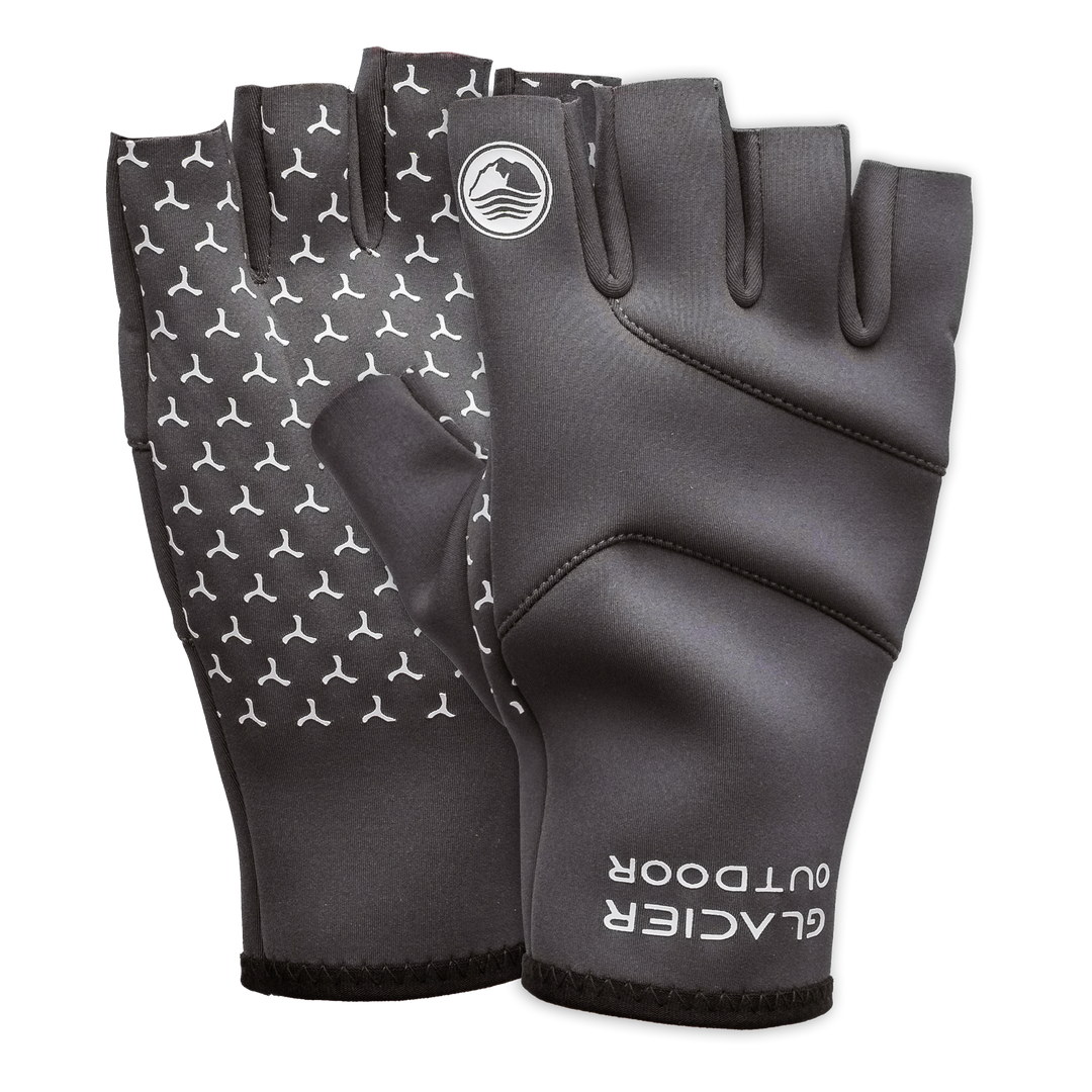 Pair of Glacier Outdoor Cold River™ fingerless gloves showing soft fabric and open fingers for dexterity.
