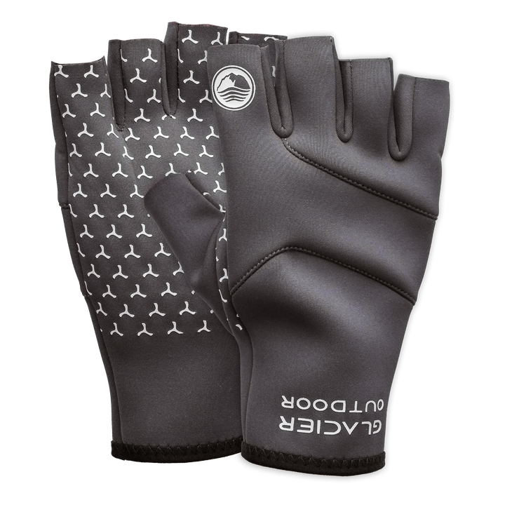 Pair of Glacier Outdoor Cold River™ fingerless gloves showing soft fabric and open fingers for dexterity.