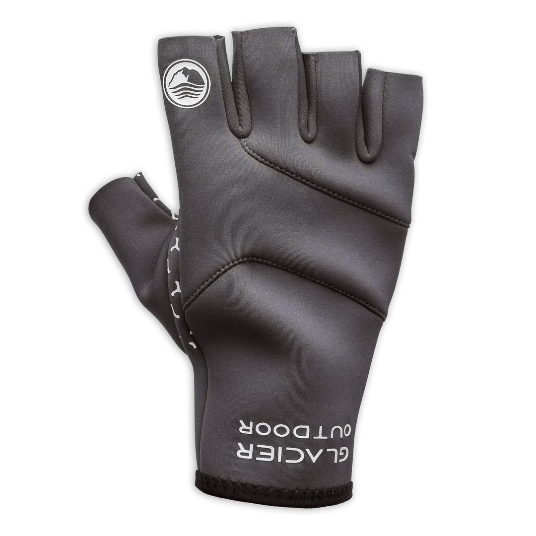 Back view of Glacier Outdoor Cold River™ fingerless gloves, showing black gloves with textured palm grip for outdoor activities.
