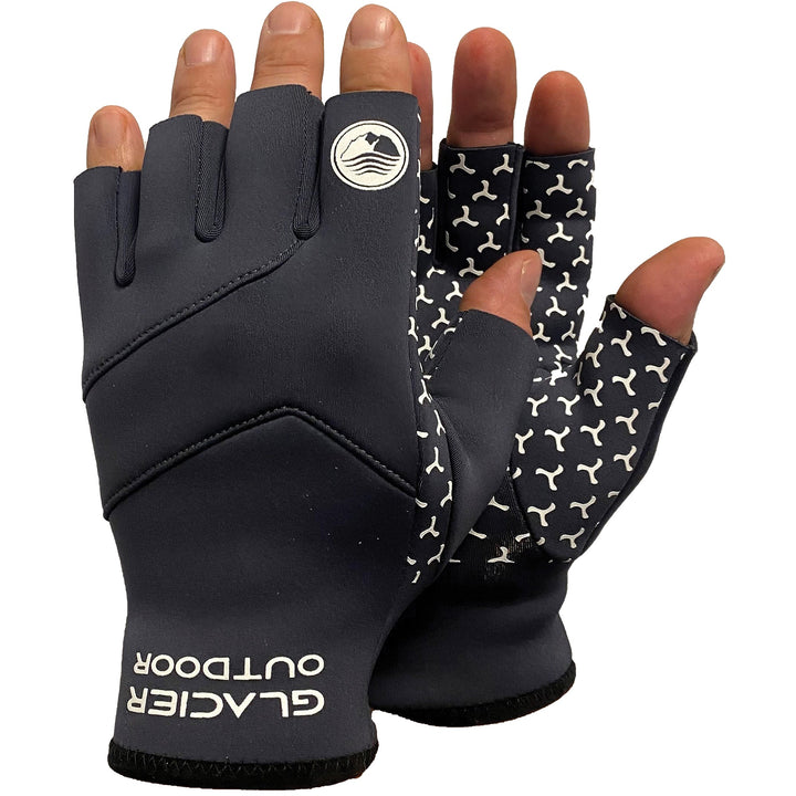 Black Cold River™ fingerless glove from Glacier Outdoor, showing textured knit fabric and breathable design for outdoor activities.