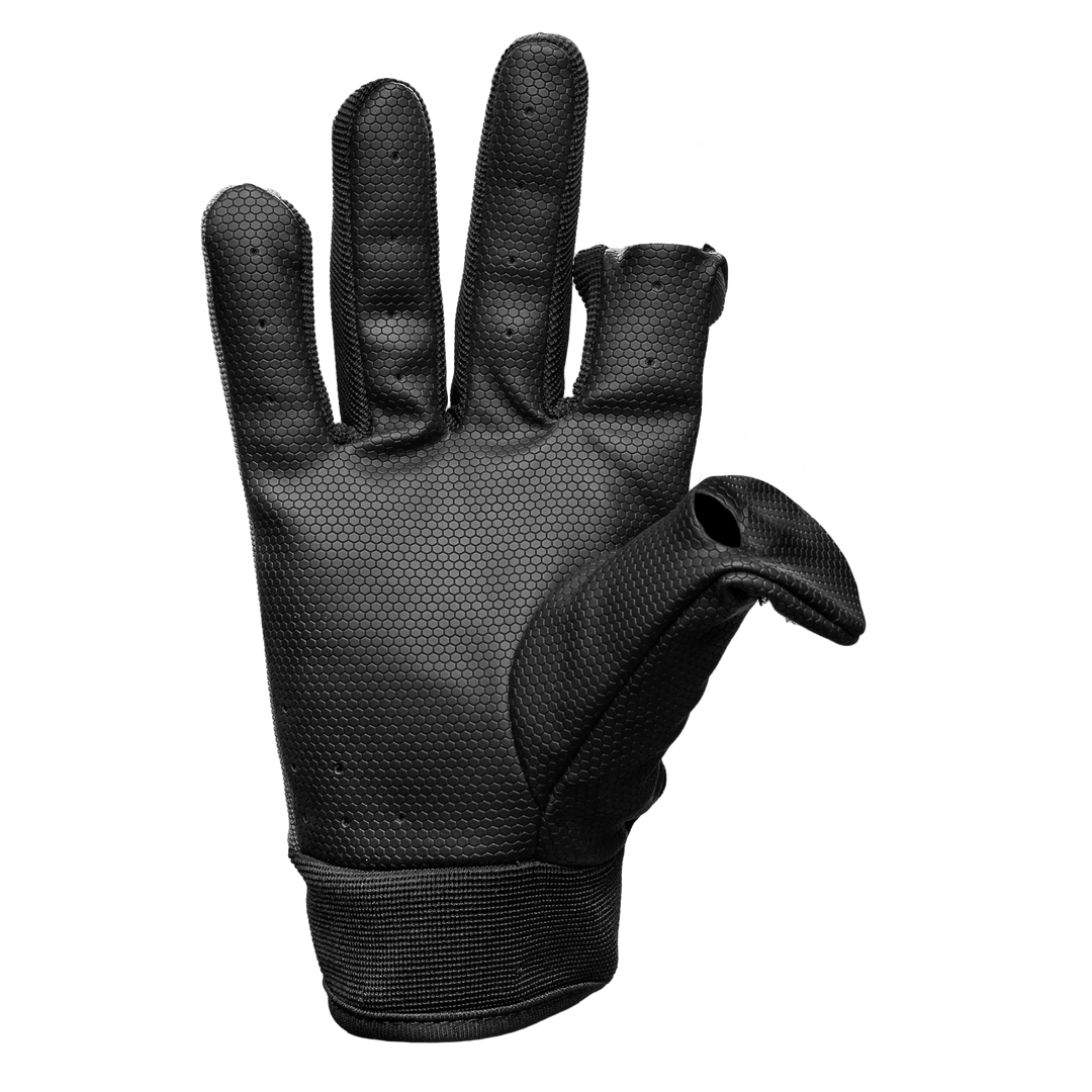 Glacier Outdoor Elite Angler gloves in black, showing the back view with reinforced palms and adjustable wrist straps.