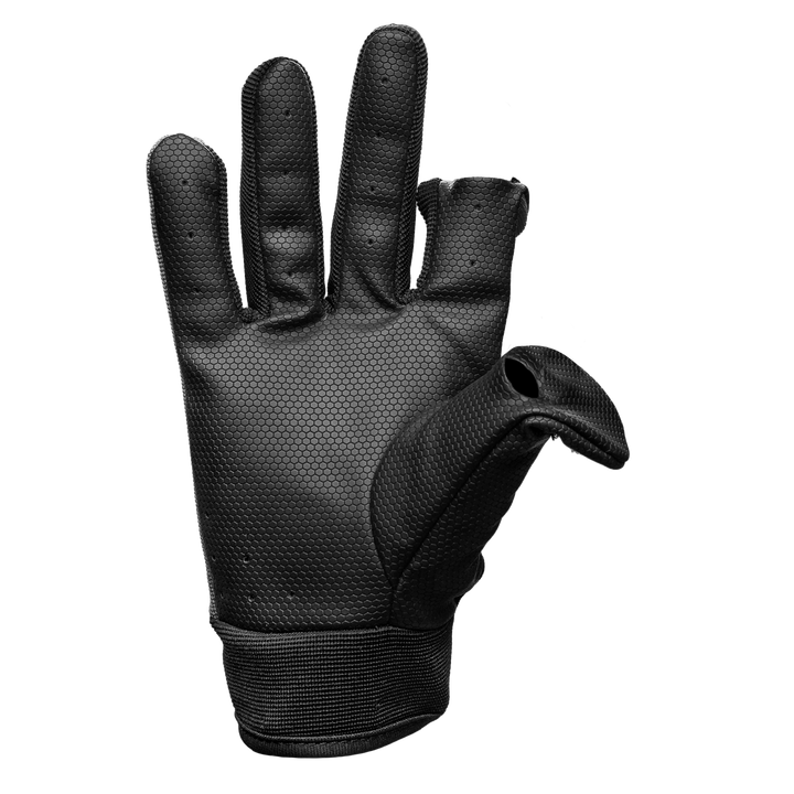 Glacier Outdoor Elite Angler gloves in black, showing the back view with reinforced palms and adjustable wrist straps.