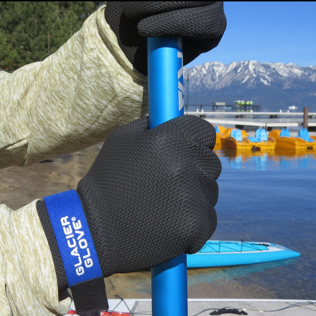 Glacier Outdoor Kenai waterproof gloves and mittens designed for outdoor winter activities, shown in black with textured grip.