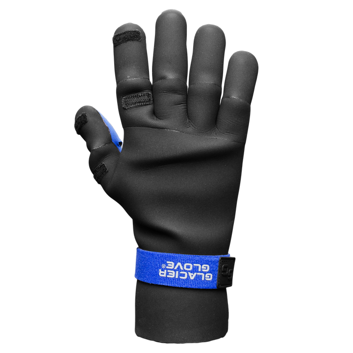 Glacier Outdoor Pro Angler™ gloves with black exterior and adjustable strap, designed for fishing and outdoor activities.