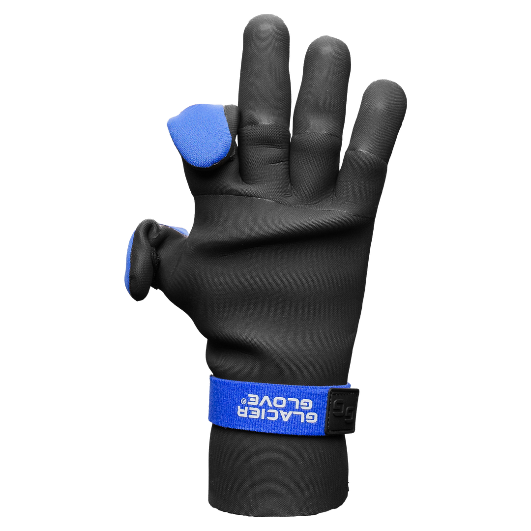 Glacier Outdoor Pro Angler™ gloves in black, designed for outdoor fishing with durable, insulated material and adjustable wrist strap.