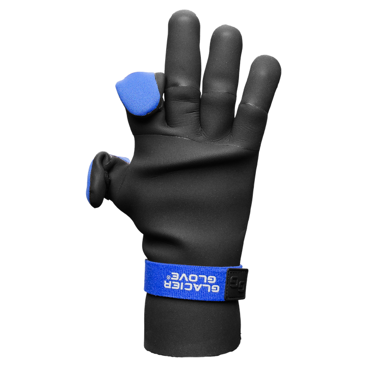 Glacier Outdoor Pro Angler™ gloves in black, designed for outdoor fishing with durable, insulated material and adjustable wrist strap.
