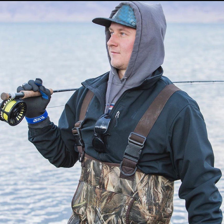 Glacier Outdoor Pro Angler™ gloves designed for fishing, showing durable waterproof material and adjustable wrist closures.